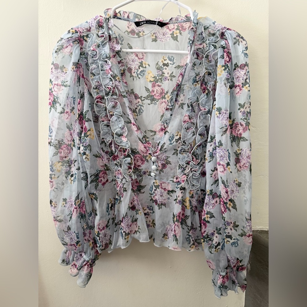 Zara Floral Ruffle Sheer Blouse - Picture 2 of 7